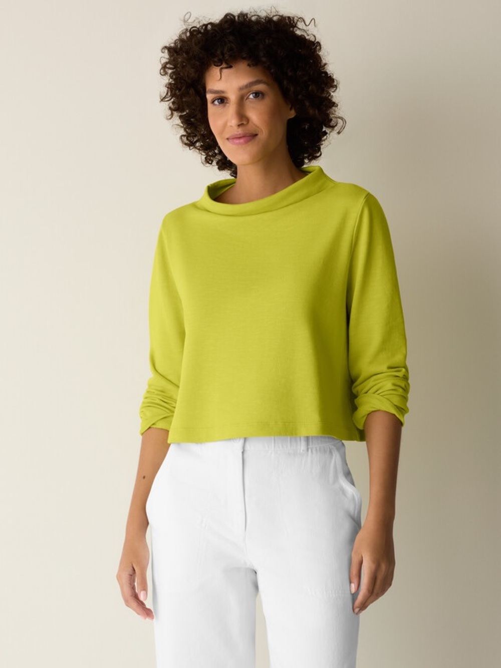 NWT EILEEN FISHER Garment-Dyed Organic Cotton Terry Funnel Neck Top in Citron